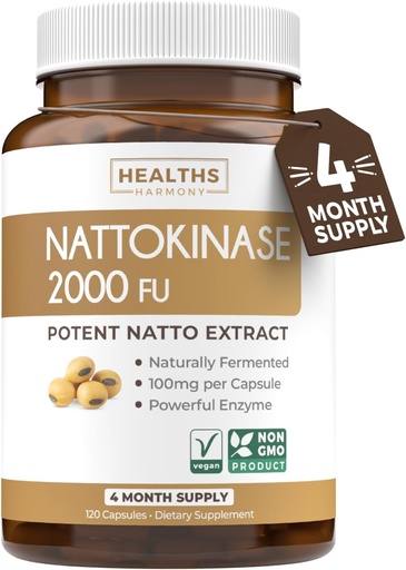 [BRSRA232CUFR4FD6] Healths Harmony Nattokinase 2000 FU (Non-GMO) Powerful Nattokinase Supplement Made from Naturally Fermented Soybeans - (4 Month Supply) 120 Vegan Natto Capsules