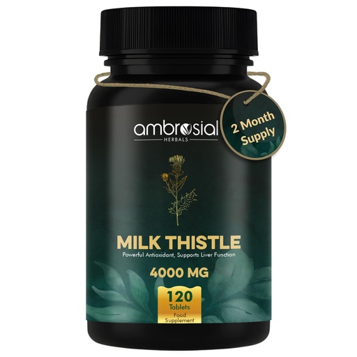 [BRSROHARCRYGCD36] Ambrosial Milk Thistle 4000 mg | High Strength Liver Support Antioxidant | Liver Detox Supplement (Pack of 1-120 Tablets)