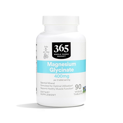 [BRSWGZQBOVYWKFDL] 365 by Whole Foods Market, Magnesium Glycinate Tablets, 400 MG, 90 Cuenta