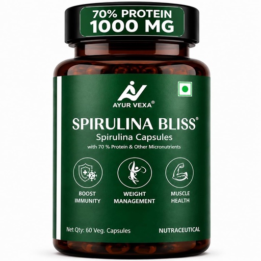 [BRSRGHYCOZ7A4H3P] Spirulina Bliss | Certified 100% Organic Pure Spirulina 1000mg | 70% Plant Protein with Phycocyanin, Chlorophyll & Beta Carotene | Immunity, Energy & Detox | 60 Veg Capsules