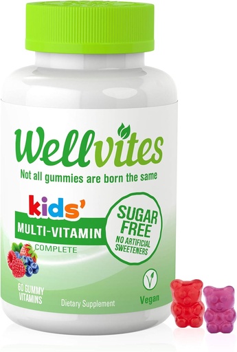 [BRSWGHAYCEFQE3I2] Wellvites Kids Multivitamin Gummies - Zucchero Libero, Vegan, Non OGM, Vitamina A, D, B6, B12 e C - Nessun dolcificante artificiale, Senza glutine, Gelatin-Free - 60 conte (30 giorni di alimentazione)