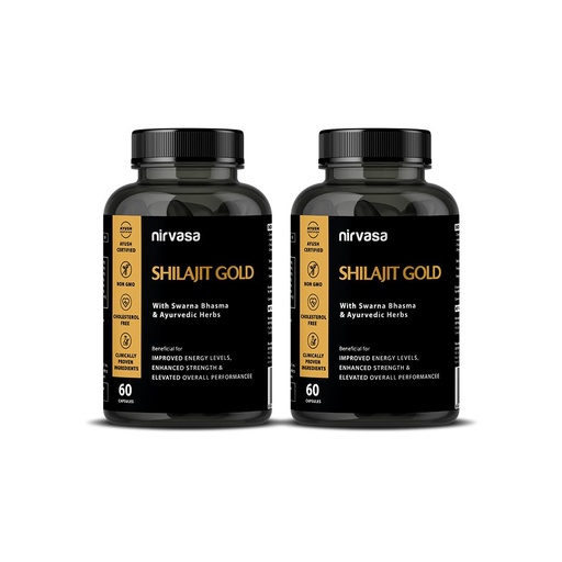 [BRSRAEIHCQJWCD3J] Nirvasa Shilajit Gold Capsules (2x60) | 100% Pure Himalayan Shilajeet with 24K Gold | Boosts Strength, Stamina, Energy & Performance | Vitality & Immunity | Gokshura, Akarkara & Safed Musli – Pack of 2