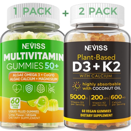 [BRSRAYL5DF7WK33H] NEVISS 50+ Daily Gummy Multivitamin Algae Omega 3 & Calcium, CoQ10, Magnesium + Vitamin D3 5000IU Gummies 125mcg with Calcium 600mg, K2(MK7) 200mcg