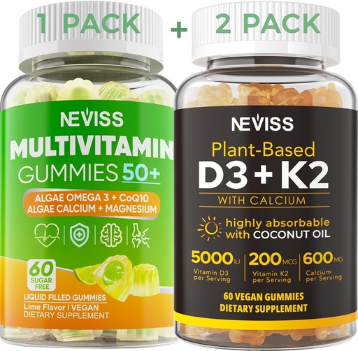 [BRSRAYL5DF7WK33H] NEVISS 50+ Daily Gummy Multivitamin Algae Omega 3 & Cila, CoQ10, maşın + Vitamin D3 5000IU Gummies 125mcg with Plastic 600mg, K2(MK7) 200mcg