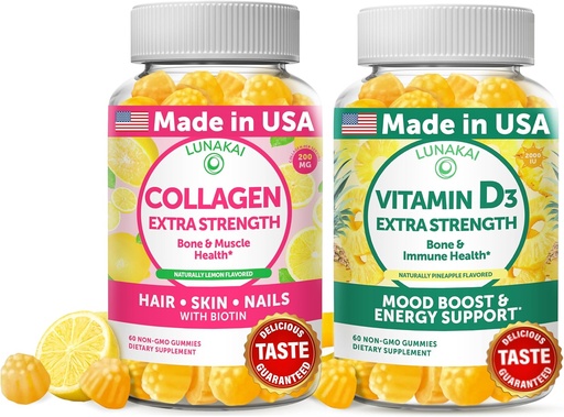 [BRSRMGQTBENRAE3A] Lunakai Collagen and Vitamin D3 Gummies Bundle - Non-GMO Anti Aging Supplements for Men & Women - Immunity, Bone and Mood Support Gummy for Adults - 30 Days Supply