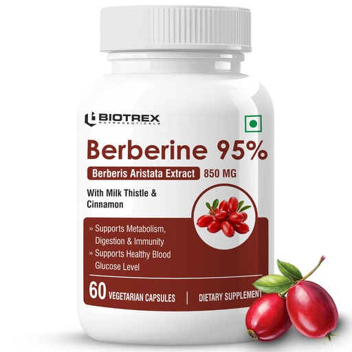 [BRSRAAQ2CEIQOEIZ] Biotrex Nutraceuticals Berberine HCL 850mg | 95% High Purity | With Milk Thistle & Cinnamon | Maintain Healthy Glucose Levels | Metabolic Support & Digestive Wellness | Lab Tested | 60 Veg Capsules
