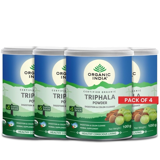 [BRSWKHD4CBYAK3LU] A TATA Product - Organic India Triphala Powder, 100g (Pack of 4), Aids gut health, Digestion support, Certified Organic, No added fillers or chemicals