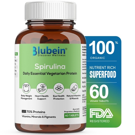 [BRSROCQZCABWKYDG] Blubein Spirulina Tablets 2000 mg Per Serving | High-Protein Superfood for Men & Women | Supports Energy, Immunity, Gut Health & Weight Management 100% Organic | Non-GMO & Certified | 60 Tablets