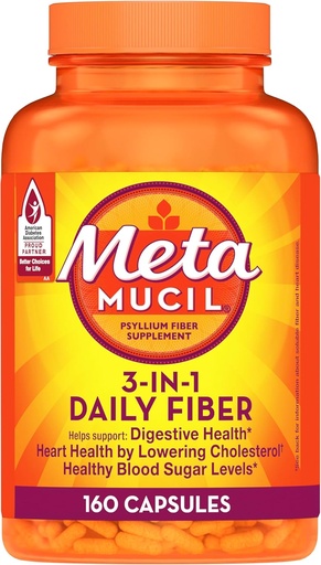 [BRSWIYYOOQMAEGDI] Metamucil Psyllium Husk Fiber Supplement, 3-in-1 for Digestive Health, Plant Based, 160 Count, Pack of 2