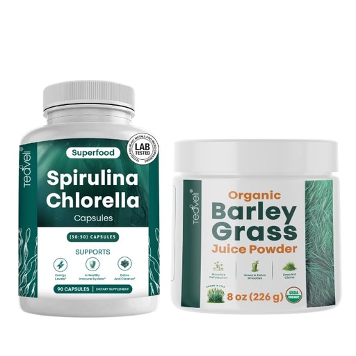 [BRSRMAIBOZ5RSA33] Teaveli Spirulina and Chlorella Capsules and Orgaic Barley Grass Juice Powder Bundle