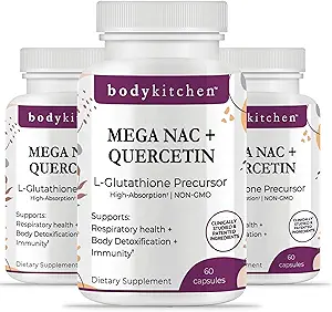[BRSROGT2CEHAECTL] Body Kitchen Mega NAC (N-Acetyl Cysteine) 600 mg with Quercetin, Supports Respiratory Health and Immune Function and Promotes Liver and Kidney Detox, Veggie Caps, (Pack of 3)
