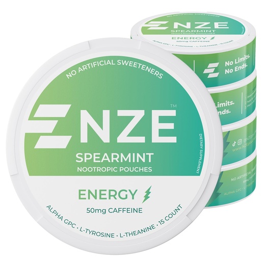 [BRSRAZLYDMDW2CLL] NZE Caffeine Nootropic Pouches (Spearmint) - Energy Pouches with 50mg Caffeine, Alpha GPC, L-Tyrosine & L-Theanine with No Sugar or Artificial Sweeteners - 15 Pouches Per Can - 5 Pack