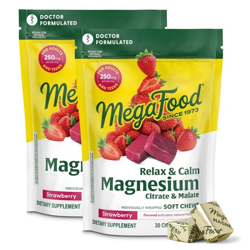 [BRSROBIZCIFWAYL7] MegaFood Relax + Calm Magnesium Complex with Magnesium Citrate & Malate for Heart Health, Muscle Tension & More – Doctor Formulated - Vegetarian – Strawberry Flavor - 30 Soft Chews (2 Pack)