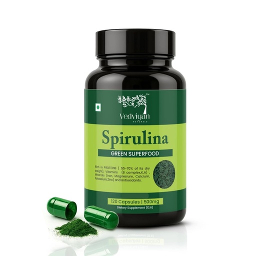 [BRSREEAFOB7QAAYY] Spirulina Capsules 500 mg 120 Veg Capsules| Green Superfood rich in Proteins(50-70% of dry weight),vitamins,Minerals and Antioxidants.