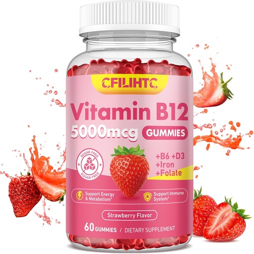 [BRSRAFIFPICWYFDV] Vitamin B12 Gummies for Women & Men, 5000mcg Methyl B12 Gummies with Vitamin B6, D3, Iron, Folate for Adults, Supports Energy & Metabolism Boost, Mood, Immune & Nervous System, Sugar Free Strawberry