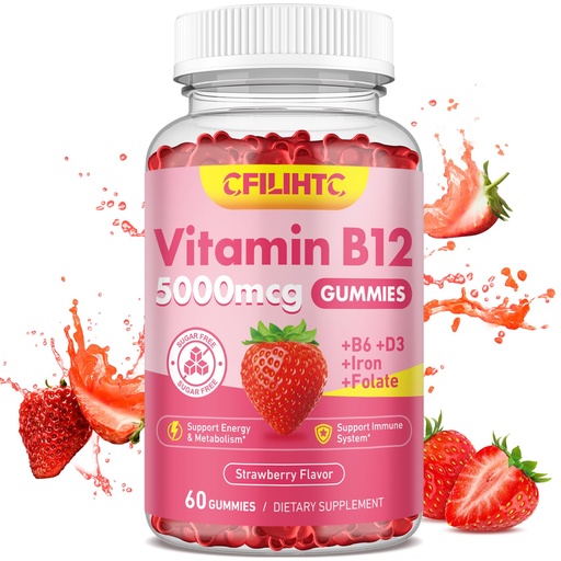[BRSRAFIFPICWYFDV] Vitamin B12 Gummies for Women & Men, 5000mcg Methyl B12 Gummies with Vitamin B6, D3, Iron, Folate for Adults, Supports Energy & Metabolism Boost, Mood, Immune & Nervous System, Sugar Free Strawberry
