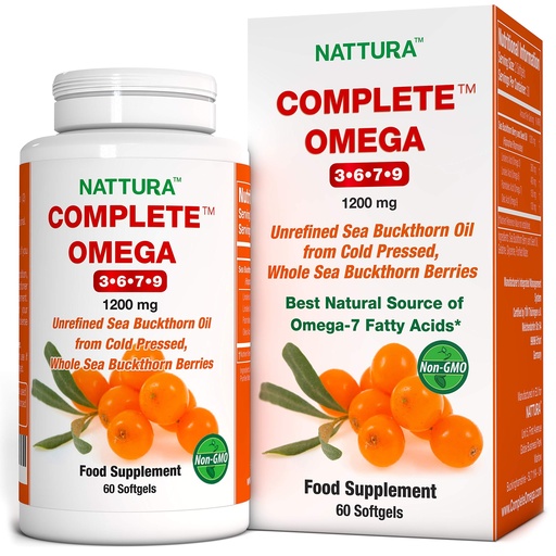 [BRSWKHQPCUGAEYLI] Nattura Complete Omega 3-6-7-9, Pure Sea Buckthorn Oil, European Quality, from Unrefined, Cold Pressed Whole Sea Buckthorn Wild Berries - 1,200mg - 2 Bottles