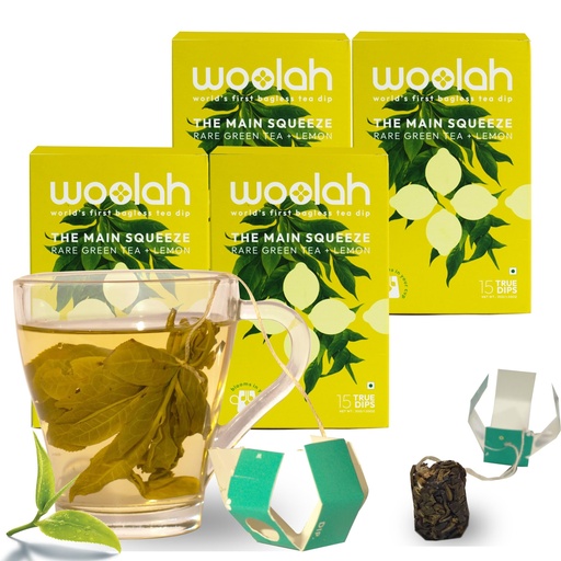 [BRSRMAIHOIAREFD4] Woolah Rare Assam Green Tea With Lemon, Organic Bagless Tea Dip (4 Packs = 60 Dips /120 Cups) 100% Plastic Free, Rich In Antioxidants, Supports Weight Management And Heart Health