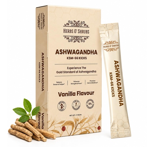 [BRSRGBANBYBBSCTP] Herbs O’ Shrubs Ashwagandha-400mg KSM-66 Kicks (5 Sticks-8g Per Stick) | Root Extract with Organic Honey-7.58gm & Vanilla | Focus Support | Convenient for Energy | Supports Stress Management for Men And Women