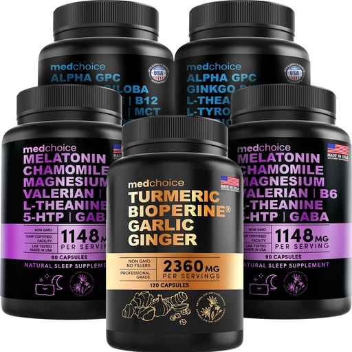 [BRSROGABDIOWAHTB] MEDCHOICE Turmeric & Ginger (120ct), Sleep Melatonin (180ct), and Nootropic Brain (120ct) Supplement Bundle - Wellness Trio for Brain, Sleep, & Immune Support - Vegan, Non-GMO, Gluten-Free