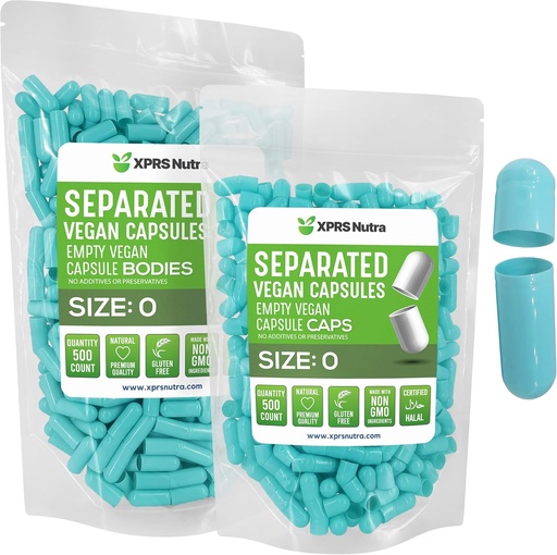 [BRSW2AIZPIIB63TZ] XPRS Nutra Vegan Size 0 Separated Capsules - 500 Count Premium Empty Capsules Separated in Bags - Pills 0 Empty for DIY Supplement Filling (Aqua)
