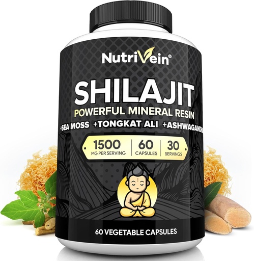 [BRSRAFQEOUDWY2T2] Nutrivein Premium Pure Himalayan Shilajit for Men and Women - 1500 mg - 60 Capsules- Powerful Resin Extract Blended with Irish Sea Moss, Tongkat Ali, & Ashwagandha - Vitality, Clarity, & Performance