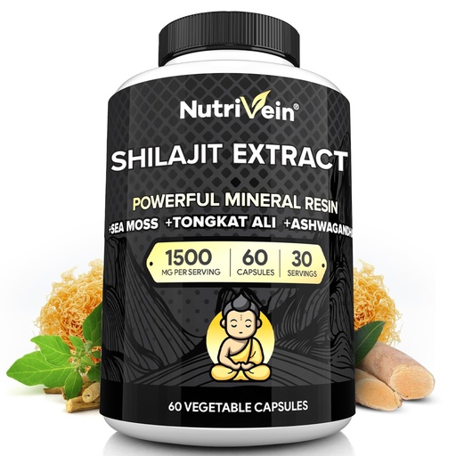 [BRSRAFQEOUDWY2T2] Nutrivein Premium Shilajit – Himalayan Origin for Men & Women - 1500 mg - 60 Capsules - Powerful Extract Blended with Irish Sea Moss, Tongkat Ali, Ashwagandha - Vitality, Clarity, Performance