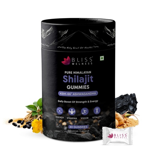 [BRSRAGQHBB7WCDLO] Bliss Welness Pure Himalayan Shilajit Gummies with 70%+ Fulvic Acid & KSM-66 Ashwagandha | Tamarind Flavour | Gelatin-Free | Vegetarian | Daily Herbal Supplement - 30 Gummies (15 Days Pack)