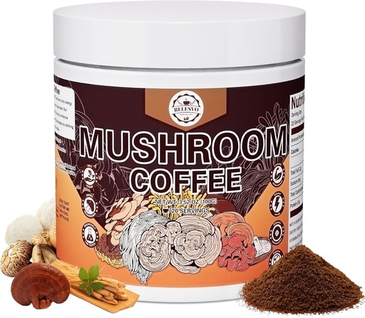 [BRSRA237AFYRO3L2] Mushroom Coffee, Instant Mushroom Coffee Mushroom Powder Blend (20 Servings) with Cordyceps, Reishi, Lion's Mane, Shiitake, King Trumpet, Mushroom Supplement for Energy, Focus, Immune Support