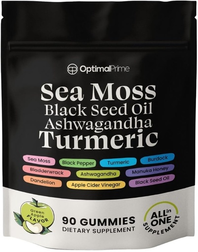 [BRSROBIKDJYRQALL] Optimale Prime Sea Moss and Black Seed Oil Gummies, Ashwagandha, Turmeric, Manuka Honey, ACV, Dandelion, Black Pepper, Burdock, Bladderwrack, Vegan, 90 Gummies 45 Day Supply