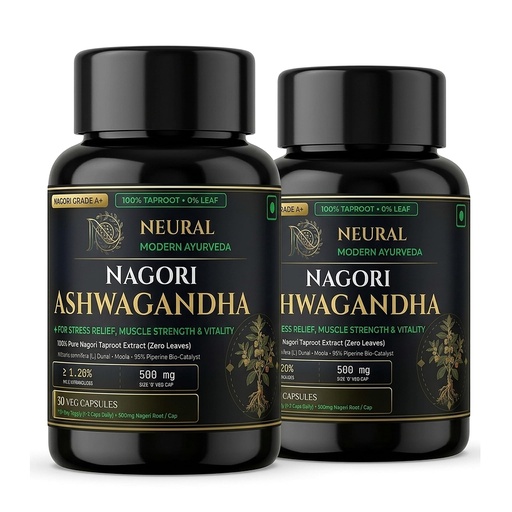 [BRSRYGICOABBYE3D] Ashwagandha 500mg Root Extract Capsules (Pack of 2, 60 Veg Caps) | Pure Nagori Taproot with Piperine | Natural Stress Relief, Deep Sleep Support & Energy Booster
