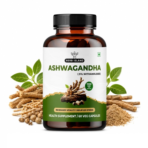 [BRSRYFAOBYBAI3D2] Herb Island Ashwagandha Capsules for Daily Stress Support & Vitality, 5% Withanolides, 1100 mg Per Serving, Root Powder & Extract, 60 Vegetarian Capsules