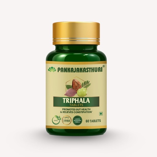 [BRSRGCACCV7WGGTP] Pankajakasthuri Triphala Tablets for Digestive Health and Detoxification, 60 Tablets, with Amla, Bibhitaki and Haritaki, Plant-Based