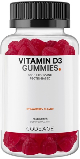 [BRSRMFIYCR6GYETF] Codeage Vitamin D3 Gummy Vitamins, Vitamin D3 5000 IU Gummies Cholecalciferol 125 mcg - 2-Month Supply - Soft Pectin-Based, Animal Gelatin-Free Vitamins Gummy, Strawberry, Gluten-Free - 60 Gummies