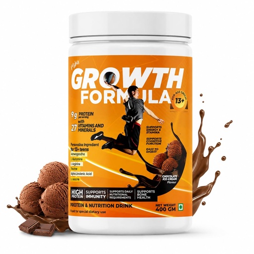 [BRSRMZQ6PMDWKGTU] Growth Formula Teen Nutrition Drink Powder for 13+ Years, 400g | 9g Protein per Serving | 27 Vitamins & Minerals | Chocolate Ice Cream Flavour