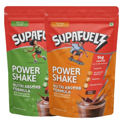 [BRSRGHYOC4HRUAY3] Power Shake Teen Boys + Teen Girls 13+ Yrs (2 x 400g) | Combo Pack |Height & Strength Drink | 14g Protein, 33 Nutrients, Probiotics & Ayurvedic Actives | Daily Nutrition Drink supports Height, Strength & Focus | Chocolate 800g | Safe Nutrition Drink For Teens