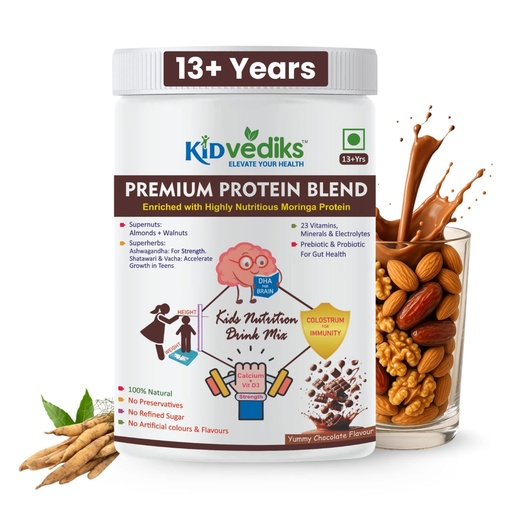 [BRSREGA3BV5RQCA3] KidVediks Kids Protein Powder Ages 13+ | 350g | Growth Booster | Nutrition Drink | Health Drink for kids | 10g Protein/Serving | 23 Vitamins & Minerals | DHA, Calcium, Zinc | | Yummy Chocolate Flavour| Supports Health & Growth | No Refined Sugar ,Artificial Flavours or Preservatives