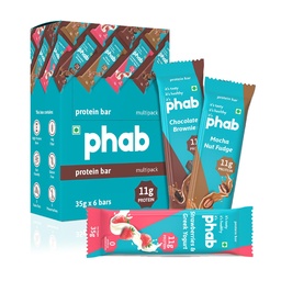 Phab Assorted Protein Bars (Chocolate, Mocha, Strawberry) 11g Protein, No Added Sugar | High Fibre, Trans Fat-Free & No Preservatives | Healthy & Tasty | GMO Free (Pack of 6 x 35g)