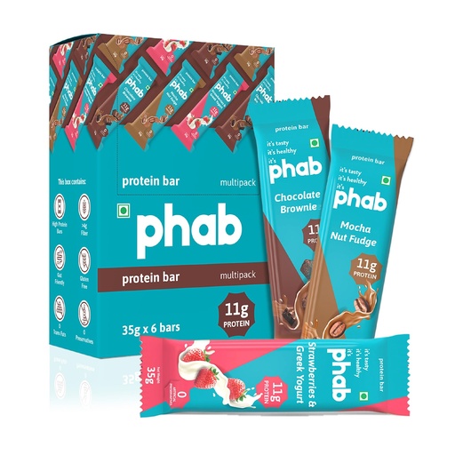 [BRSW2ZACCF6Q2YLU] Phab Assorted Protein Bars (Chocolate, Mocha, Strawberry) 11g Protein, No Added Sugar | High Fibre, Trans Fat-Free & No Preservatives | Healthy & Tasty | GMO Free (Pack of 6 x 35g)