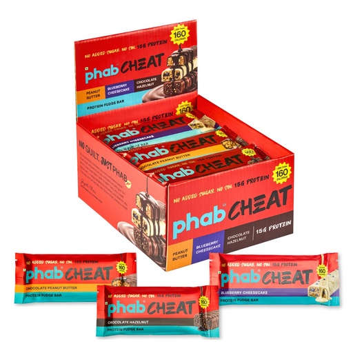 [BRSRGAQYCEFQODQ3] Phab Cheat Assorted Protein Bar Combo Pack – 12 Bars (4 Each of Chocolate Peanut, Chocolate Hazelnut & Blueberry Cheesecake) | 15g Protein, No Added Sugar, Guilt-Free Snack