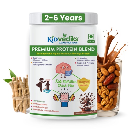 [BRSREGIHOR4BOYDA] Kidvediks Kids Protein Powder for 2–6 Years (350g) | Nutrition Drink Mix | Health Drink for kids - 23Vitamins & Minerals ,DHA, Moringa, calcium,zinc| No Refined Sugar, Artificial Flavours or Preservatives| Chocolate Flavour | Super Food | Supports Healthy Growth & Immunity Booster| With Almonds, Walnuts, Ashwagandha & Mulethi