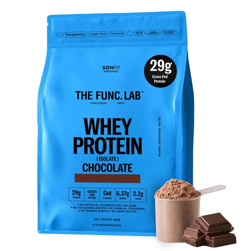 [BRSREATQOIPWC2Q7] The Func. Lab Whey Protein Isolate - Chocolate Flavour | 500g | Grass‑Fed, 29g Protein, 6.37g BCAA per Scoop | High Protein Supplement for Muscle Growth, Digestion and Absorption Support