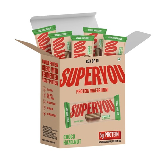 [BRSREBQ5OYIRQCLJ] Superyou Choco Hazelnut Protein Wafer Mini Bars (Pack Of 10) | 5g Protein | Made with Atta & Jowar | No Added Sugar | Yeast Fermented | Energy Bars | 100% Vegetarian | No Palm Oil | 200g