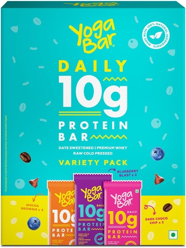 [BRSROEI7OEMAOF3G] Yogabar Variety Pack 10 grams Protein Bars [Pack of 6], Pro-Blend & Premium Whey,100% Veg, Rich Protein Bar with Date, Vitamins, Fiber, Energy & Immunity for fitness.