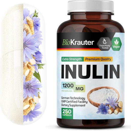 [BRSWGAYHPMCAKH3Z] BIO KRAUTER Inulin Powder Capsules - Inulin Prebiotic Fiber 1200 mg Strength - 250 Count - Pure Soluble Fiber Supplements - Chicory Root Fiber Capsules for Digestive Support - Vegan