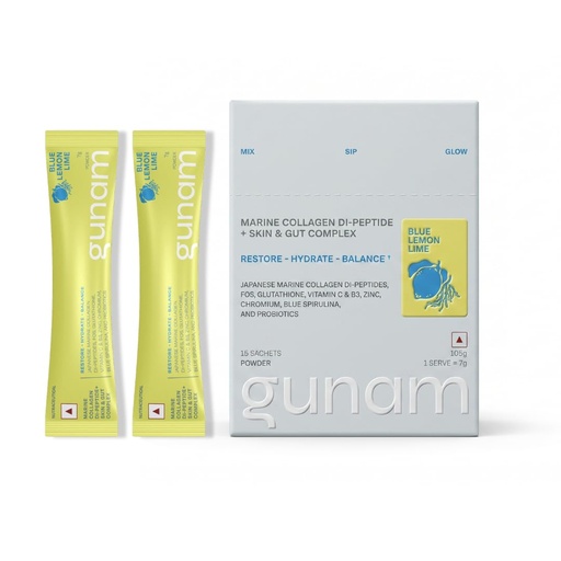[BRSRGAATCUGR63L2] Gunam Marine Collagen Di-Peptide + Skin & Gut Complex | Hydrolysed Japanese Marine Collagen Peptides| Prebiotic FOS, Glutathione, Vitamin C & B3, Zinc, Probiotics | Supports Skin Glow, Hair, Nails, Gut & Joints | Lemon Lime | 15 Sachets