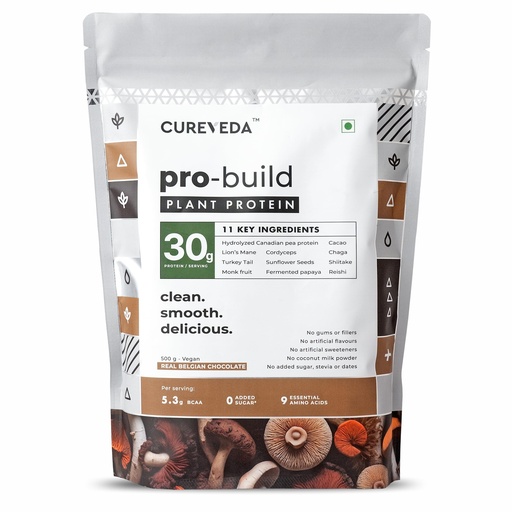 [BRSRECYNBUIG233L] Cureveda Pro-Build Plant Protein Powder | 30g Vegan Protein + 6 Mushrooms | 5.1g BCAA & Digestive Enzymes | Cordyceps, Lion’s Mane, Reishi, Chaga, Shiitake, Turkey Tail | Chocolate | 500g