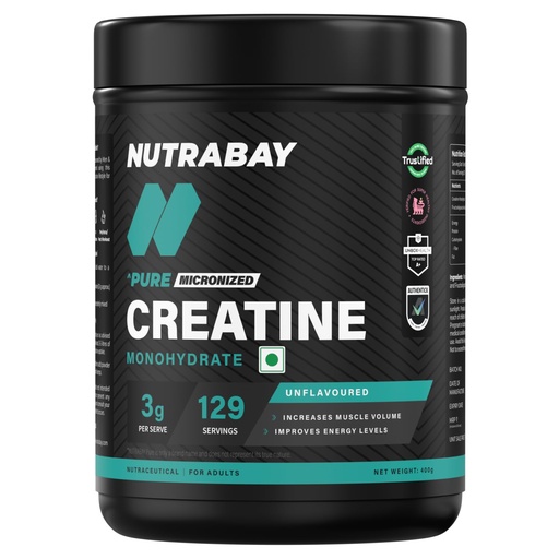 [BRSRAZIBO55BSDQV] Nutrabay Pure Micronized Creatine Monohydrate Powder - 400g, 129 Servings, Unflavoured | Trustified Certified | DCD & DHT Tested | Quick Absorption | Superior Muscle Strength and Recovery