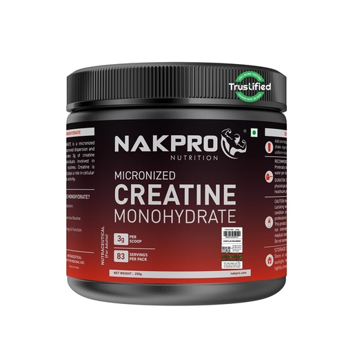 [BRSROFT3BAIGKYLB] NAKPRO NUTRITION Micronised Creatine Monohydrate | 250g Jar | Unflavoured | 3g Creatine/Per Serving | Trustified Certified | Rapid Absorption Pre/Post Workout