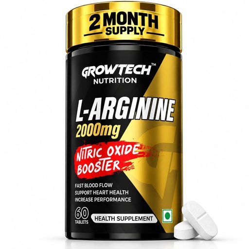 [BRSRAFIFCAMQO3LV] Growtech Nutrition L-Arginine 2000mg Per Tablet| Pre-Workout Supplement to Produce Nitric Oxide in Body| Increase Muscle Size- Veins Popout & Increase Power| Safe & Natural| 60 Vegan Tablets